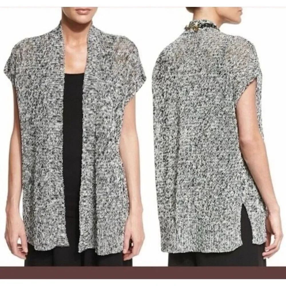 Eileen Fisher Sleeveless Open Knit Linen Blend Cardigan Black White Sz M Beachy